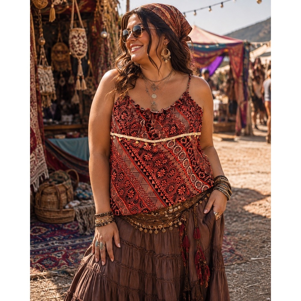 Fashion Bug Y2K Gypsy Cami Top 14/16W Coin Trim Boho Peasant Hippie Festival